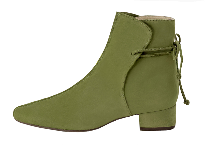 Pistachio green women's ankle boots with laces at the back. Round toe. Low block heels. Profile view - Florence KOOIJMAN